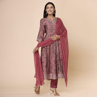 Maroon Printed Cotton Silk Anarkali Kurti Pant Set With Dupatta