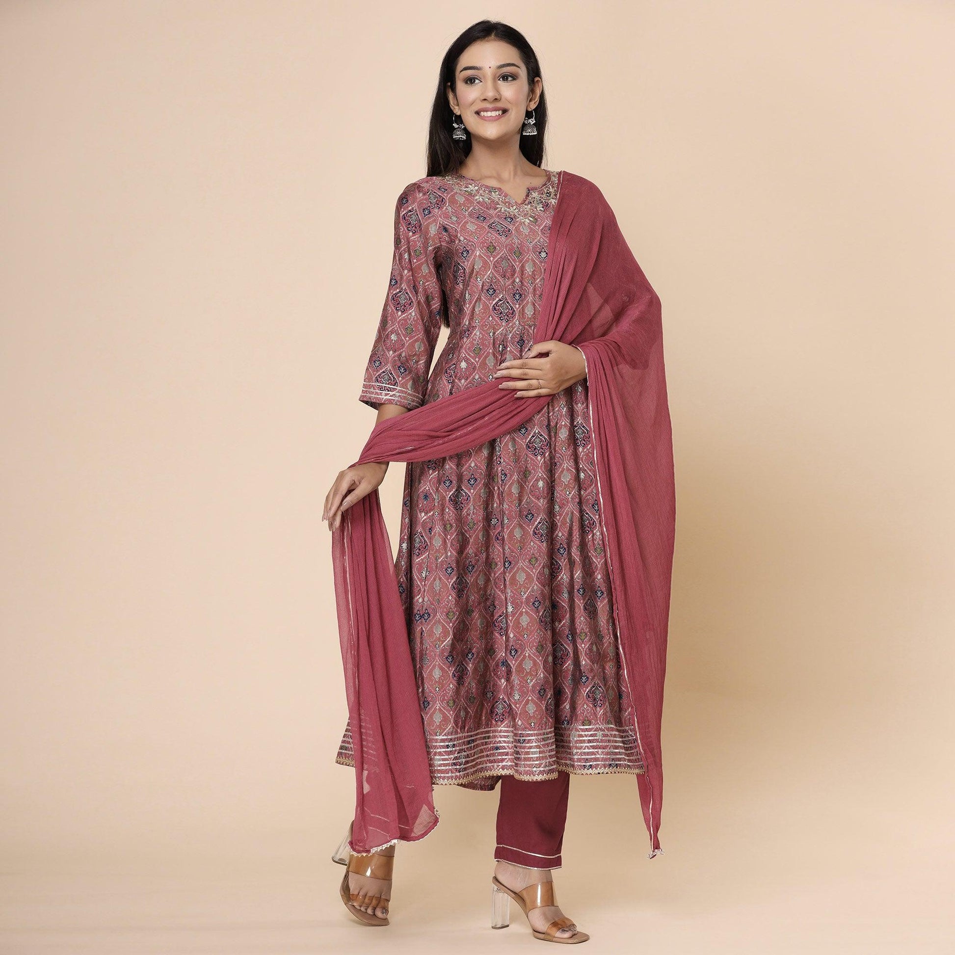 Maroon Printed Cotton Silk Anarkali Kurti Pant Set With Dupatta