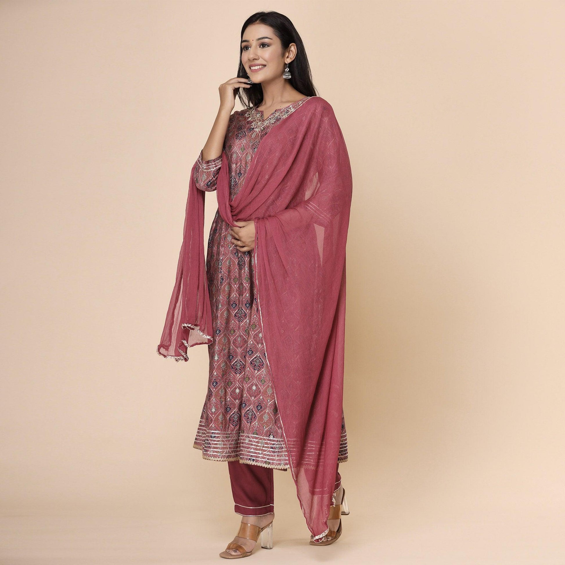 Maroon Printed Cotton Silk Anarkali Kurti Pant Set With Dupatta