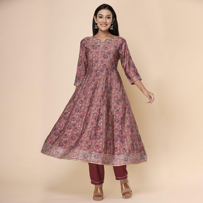 Maroon Printed Cotton Silk Anarkali Kurti Pant Set With Dupatta