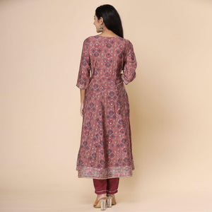 Maroon Printed Cotton Silk Anarkali Kurti Pant Set With Dupatta