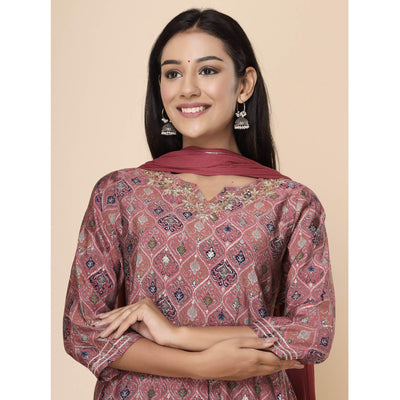 Maroon Printed Cotton Silk Anarkali Kurti Pant Set With Dupatta