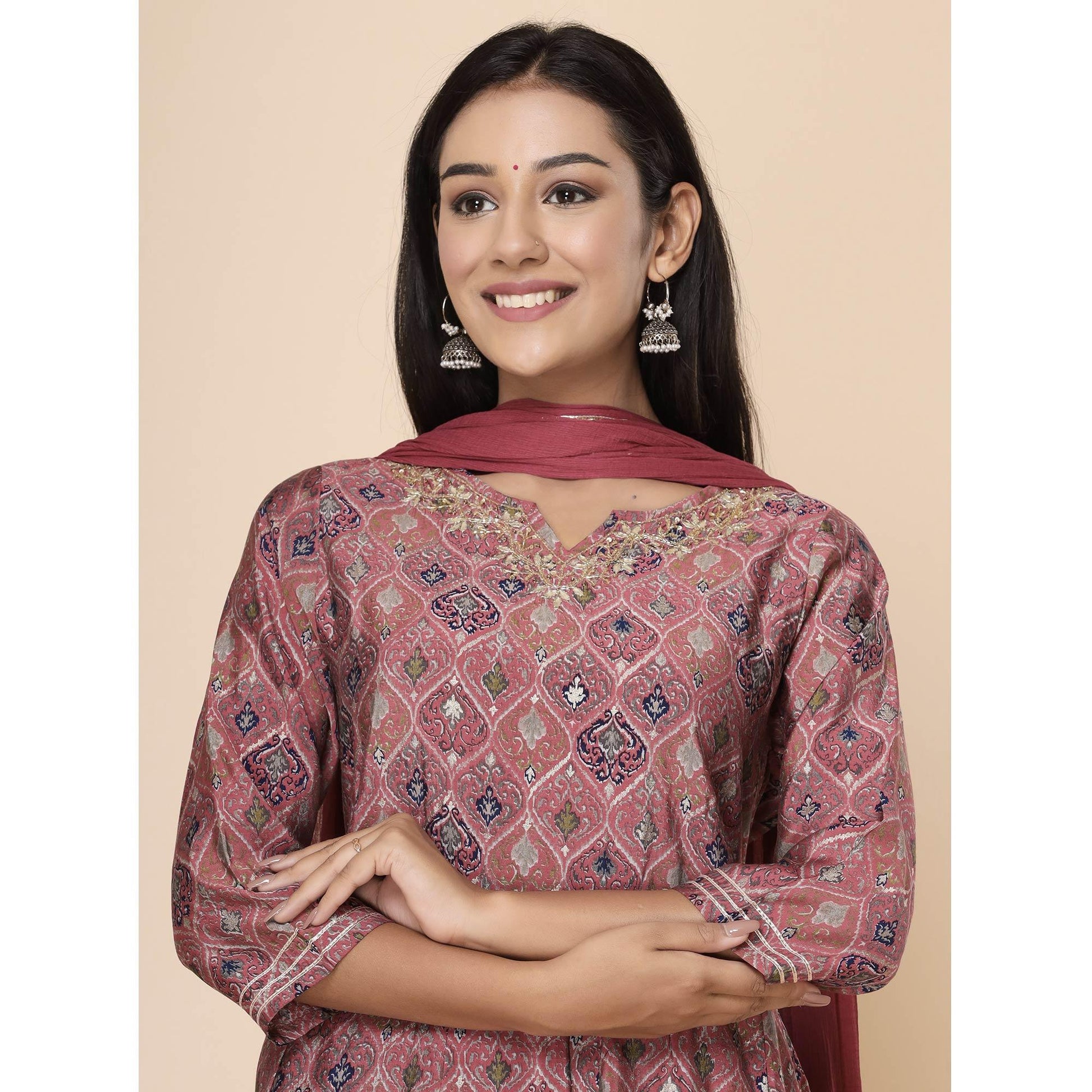 Maroon Printed Cotton Silk Anarkali Kurti Pant Set With Dupatta