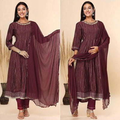 Maroon Printed Cotton Silk Anarkali Suit