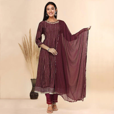Maroon Printed Cotton Silk Anarkali Suit