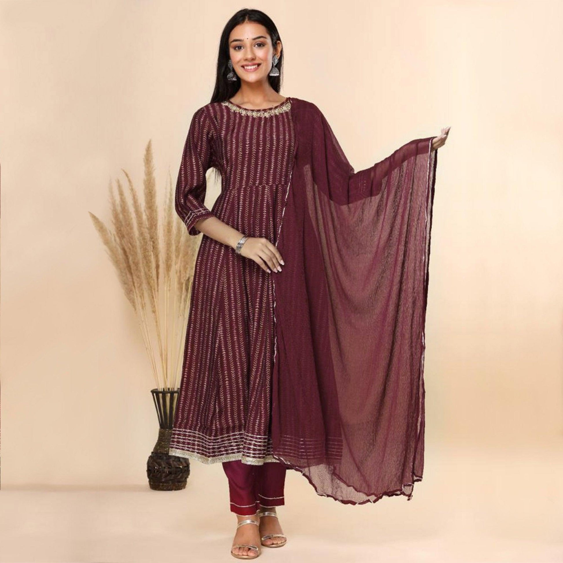 Maroon Printed Cotton Silk Anarkali Suit