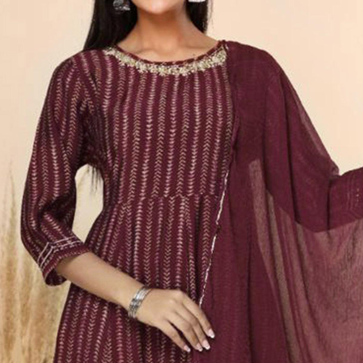 Maroon Printed Cotton Silk Anarkali Suit