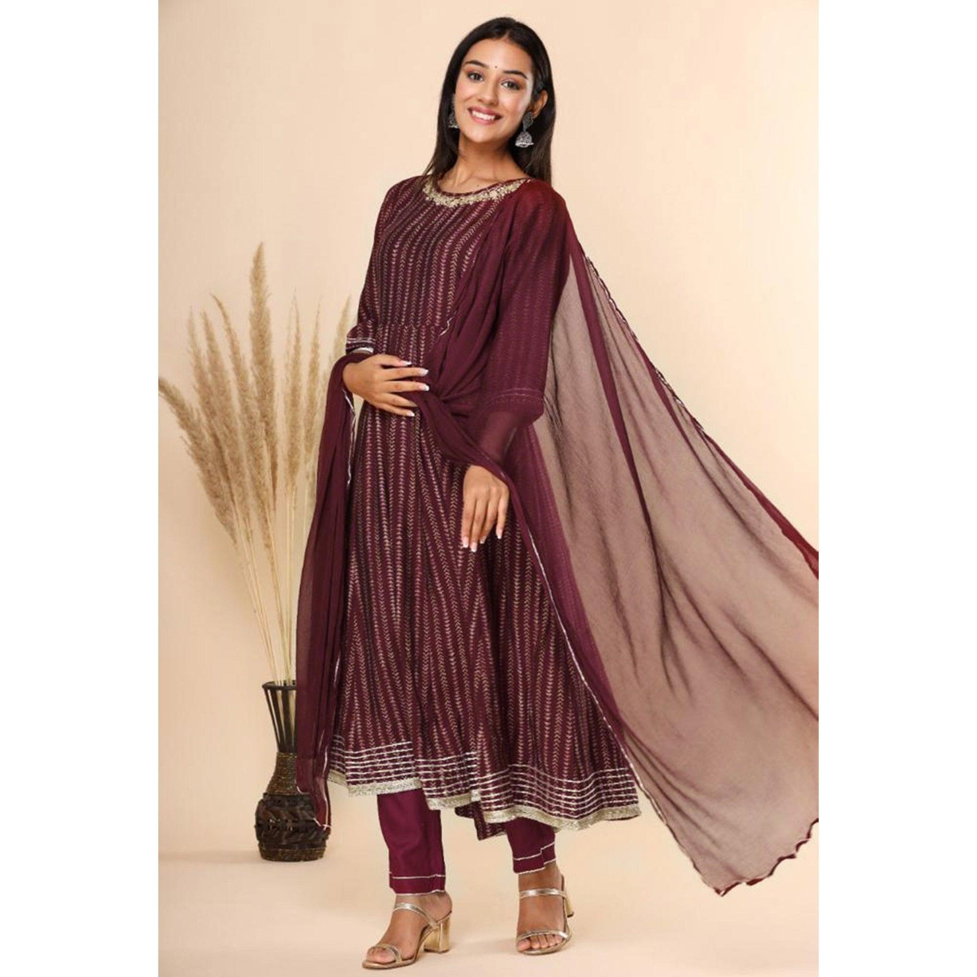 Maroon Printed Cotton Silk Anarkali Suit