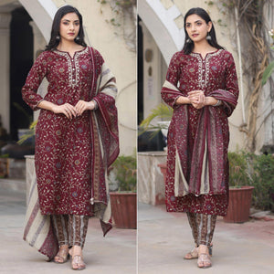 Maroon Printed Cotton Silk Kurti Pant Set With Dupatta
