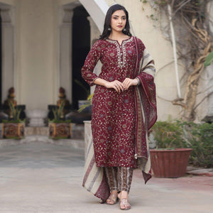Maroon Printed Cotton Silk Kurti Pant Set With Dupatta