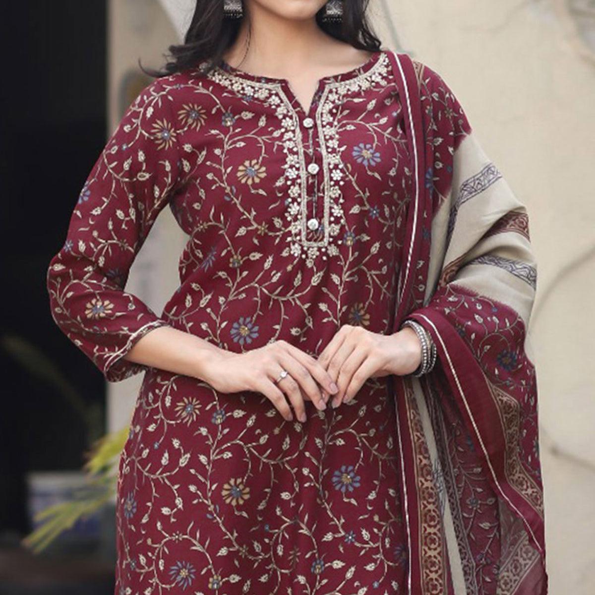 Maroon Printed Cotton Silk Kurti Pant Set With Dupatta