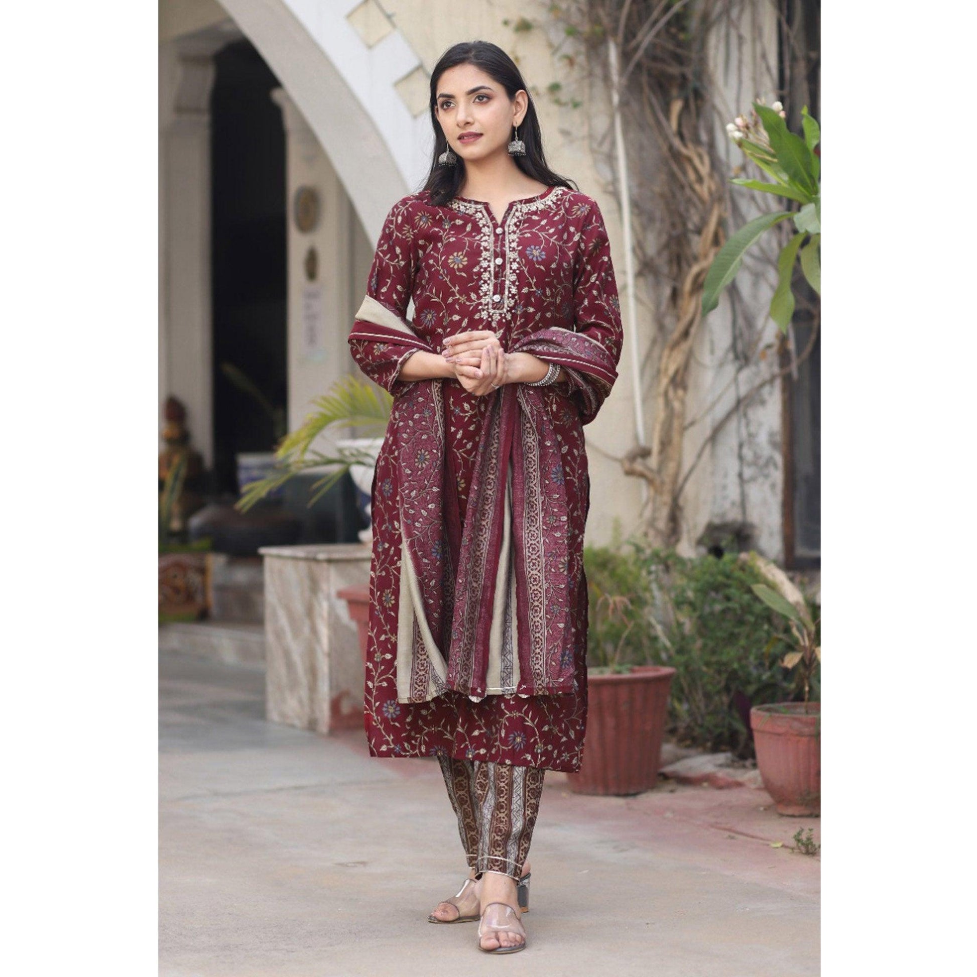 Maroon Printed Cotton Silk Kurti Pant Set With Dupatta
