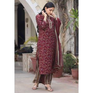 Maroon Printed Cotton Silk Kurti Pant Set With Dupatta