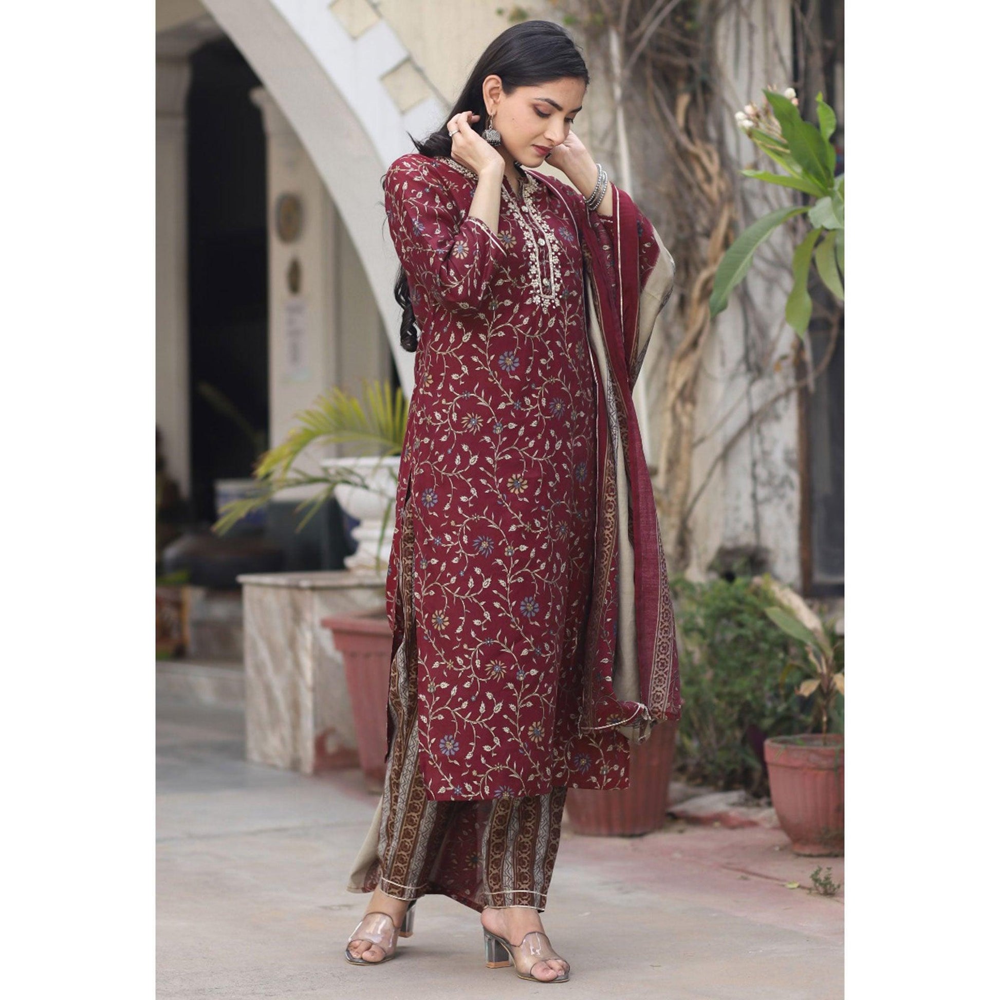 Maroon Printed Cotton Silk Kurti Pant Set With Dupatta