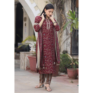Maroon Printed Cotton Silk Kurti Pant Set With Dupatta
