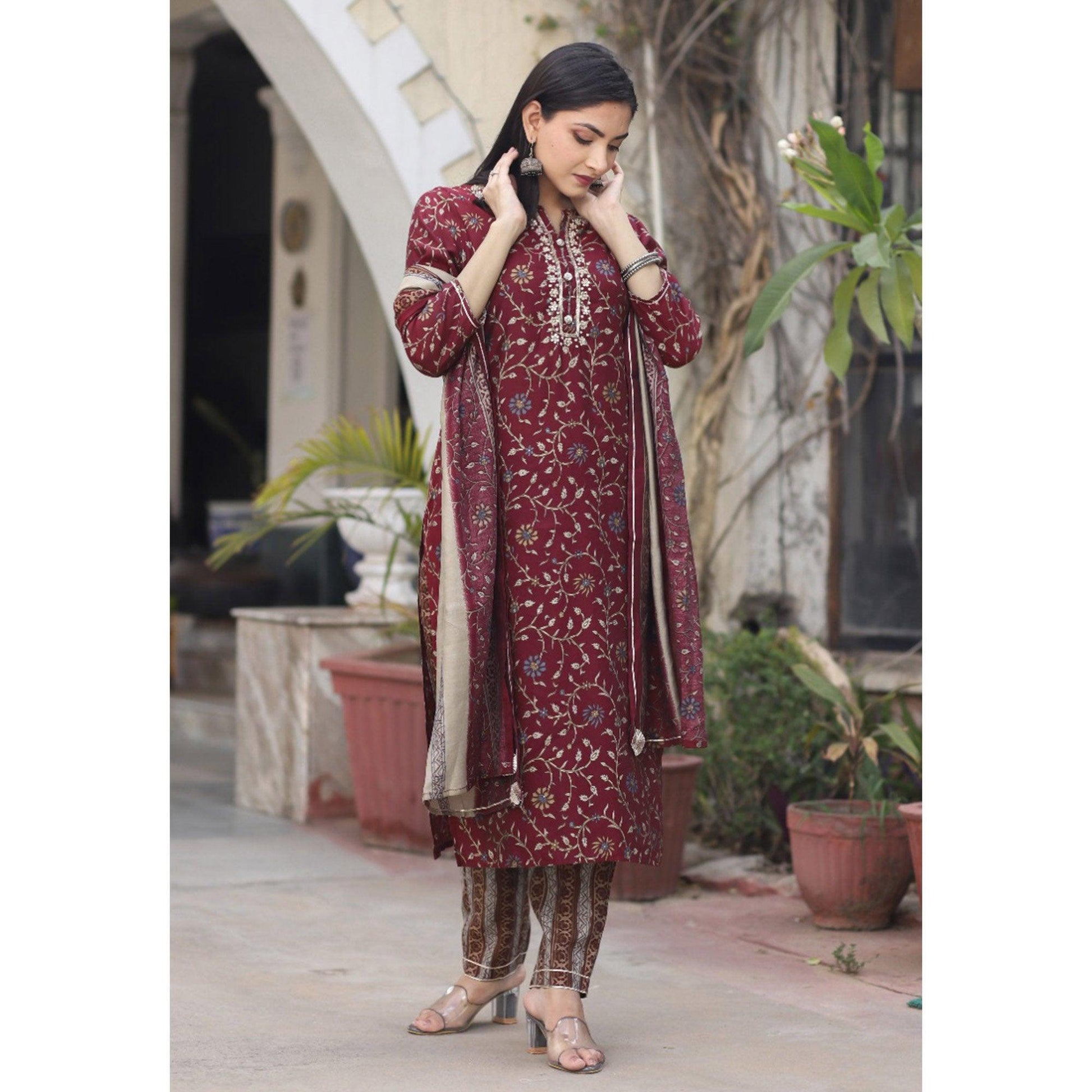 Maroon Printed Cotton Silk Kurti Pant Set With Dupatta