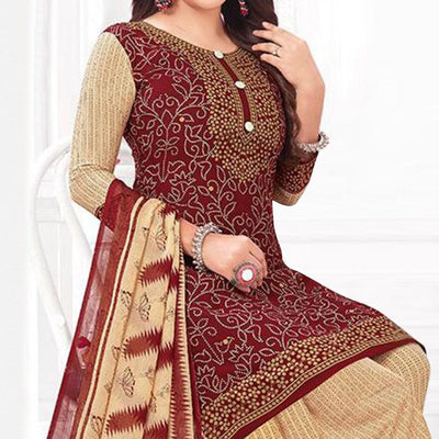 Maroon Printed Crepe Patiala Dress Material