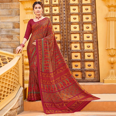 Maroon Printed Crepe Saree