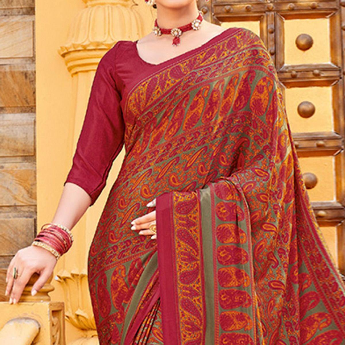 Maroon Printed Crepe Saree