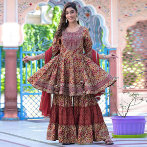 Maroon Printed-Embroidered Chanderi Sharara Suit