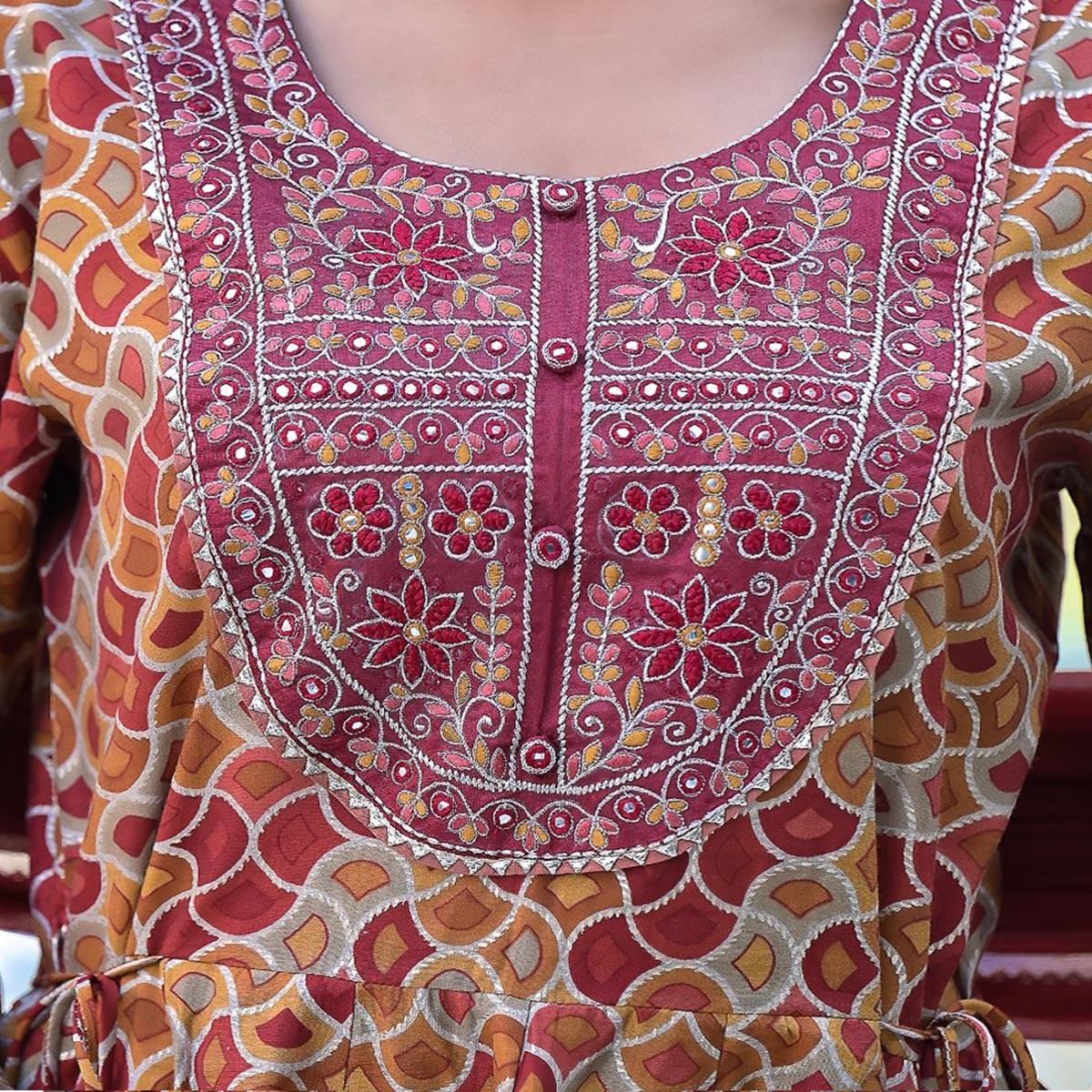 Maroon Printed-Embroidered Chanderi Sharara Suit