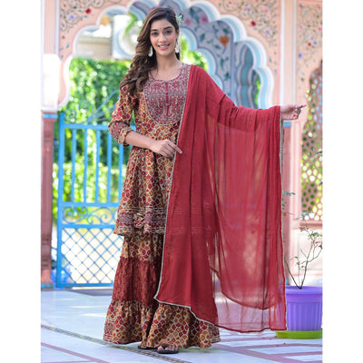 Maroon Printed-Embroidered Chanderi Sharara Suit
