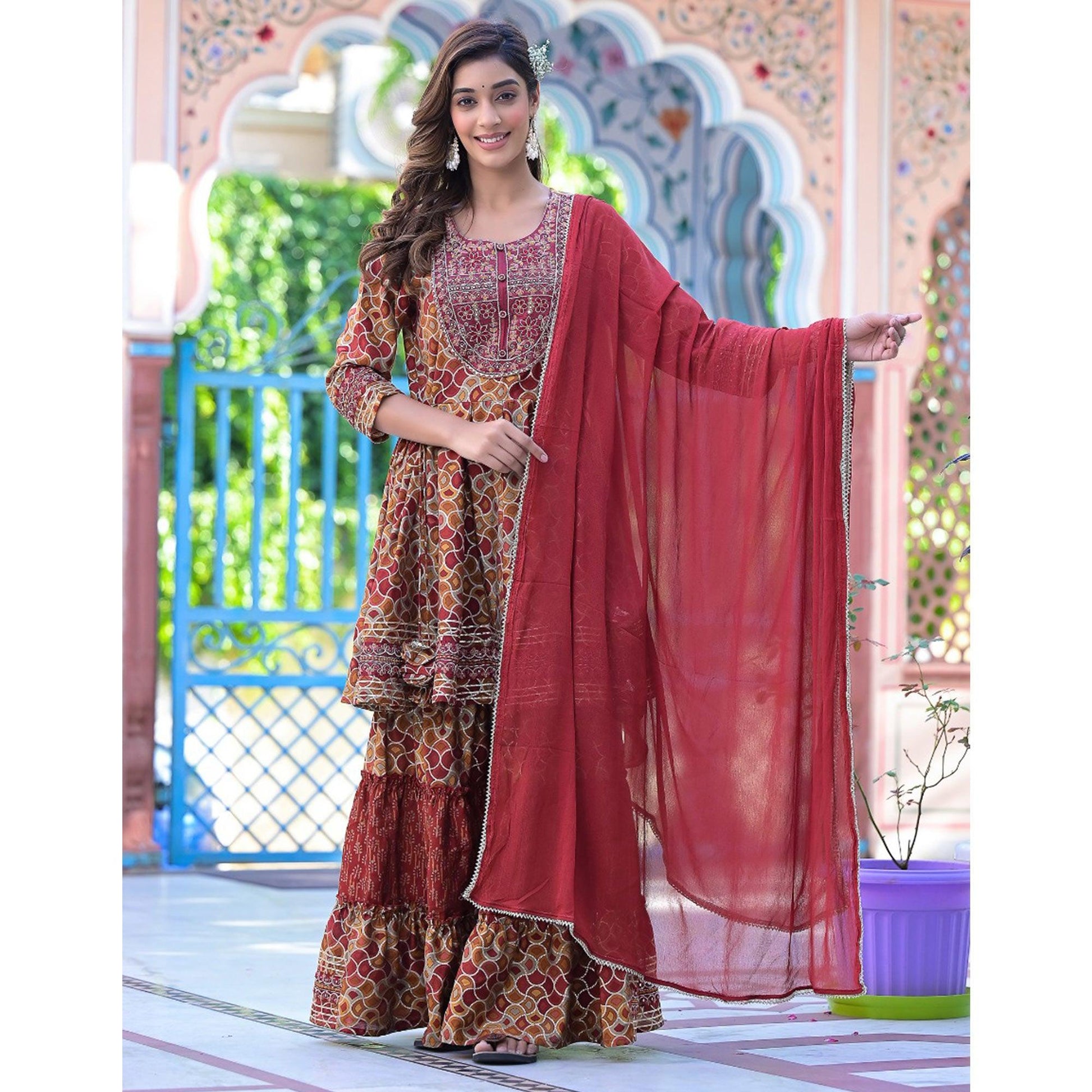 Maroon Printed-Embroidered Chanderi Sharara Suit