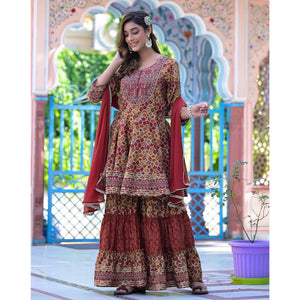 Maroon Printed-Embroidered Chanderi Sharara Suit