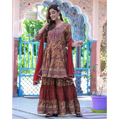 Maroon Printed-Embroidered Chanderi Sharara Suit