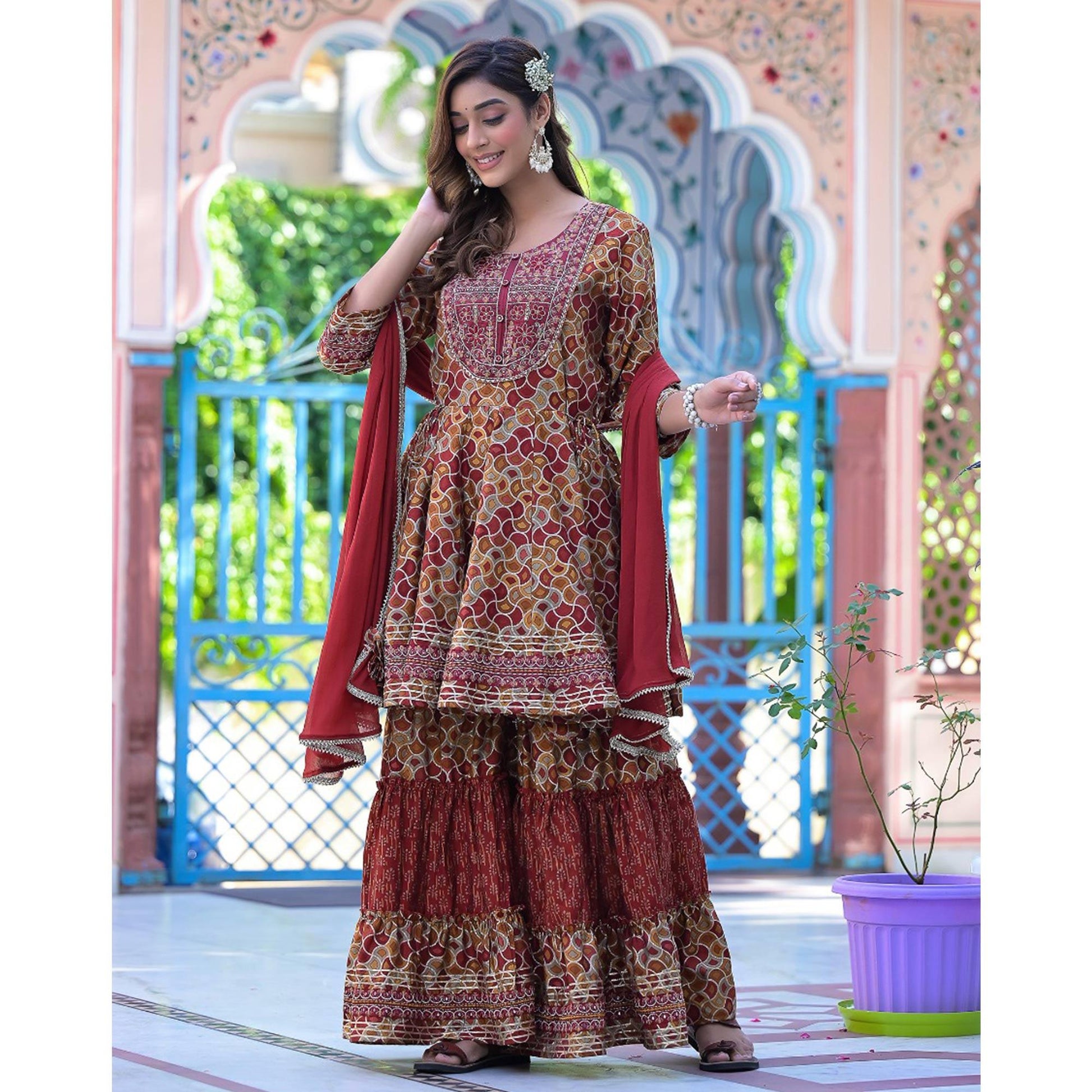Maroon Printed-Embroidered Chanderi Sharara Suit