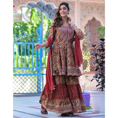 Maroon Printed-Embroidered Chanderi Sharara Suit