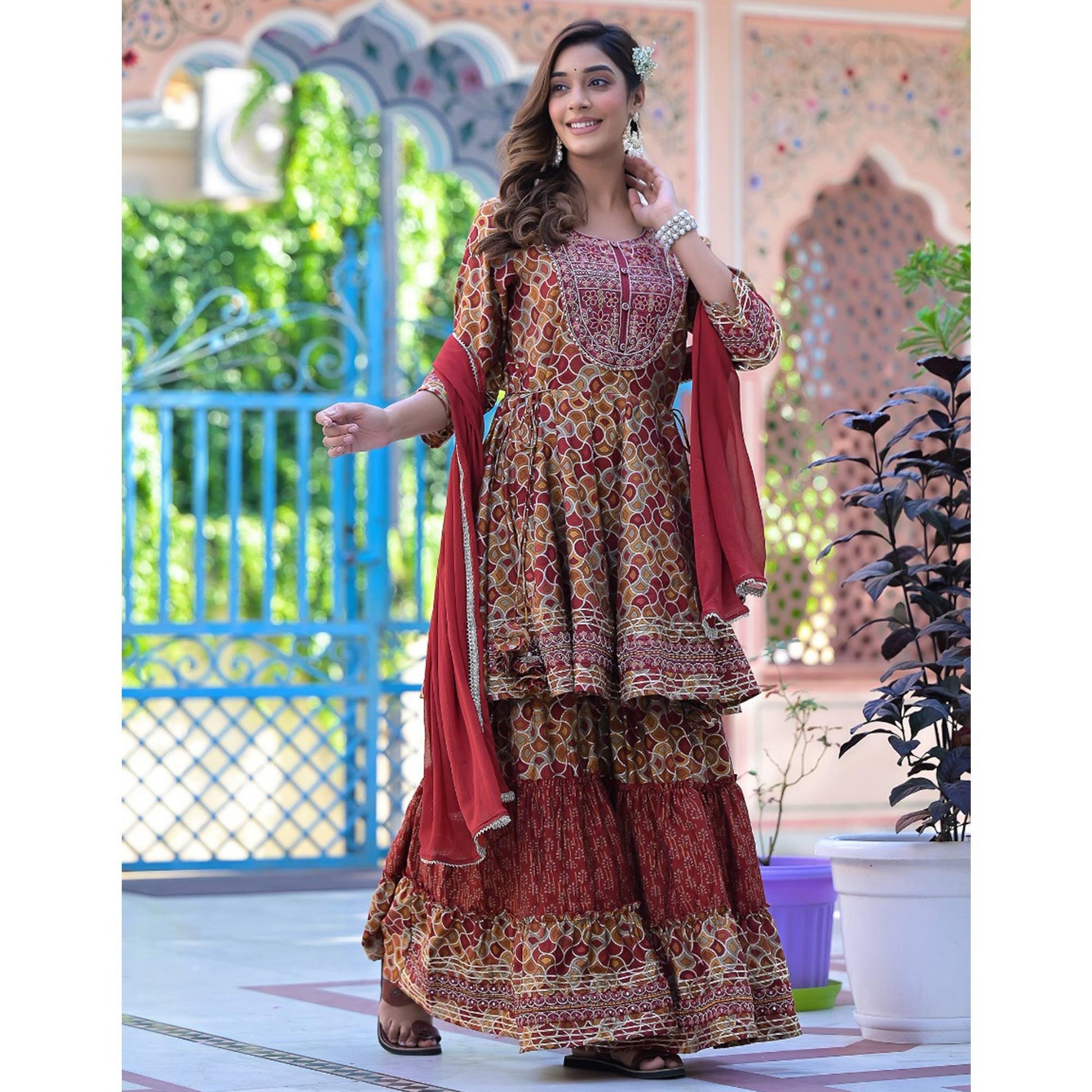 Maroon Printed-Embroidered Chanderi Sharara Suit