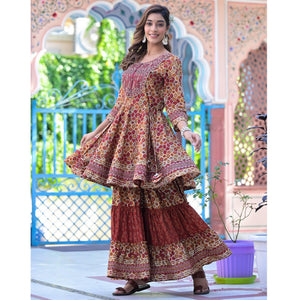 Maroon Printed-Embroidered Chanderi Sharara Suit