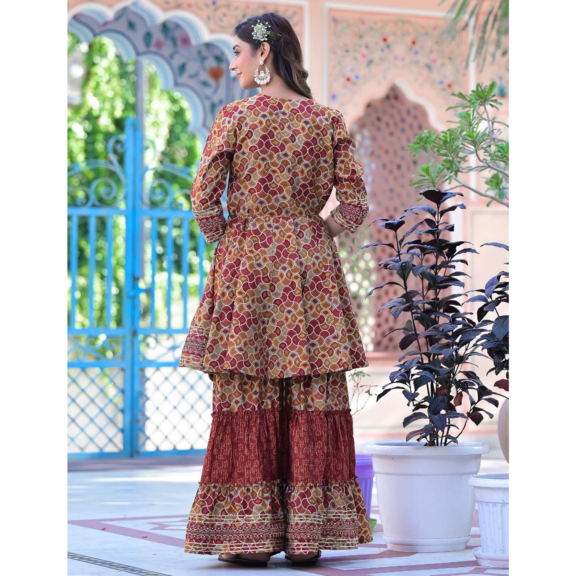 Maroon Printed-Embroidered Chanderi Sharara Suit