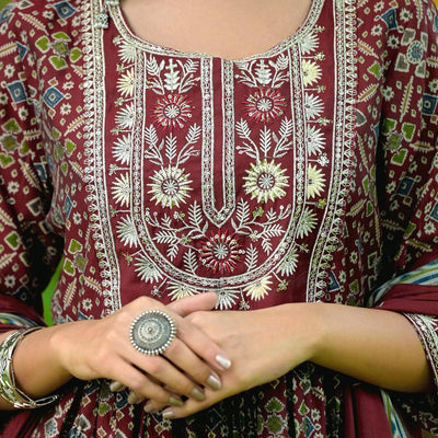 Maroon Printed-Embroidered Muslin Anarkali Suit