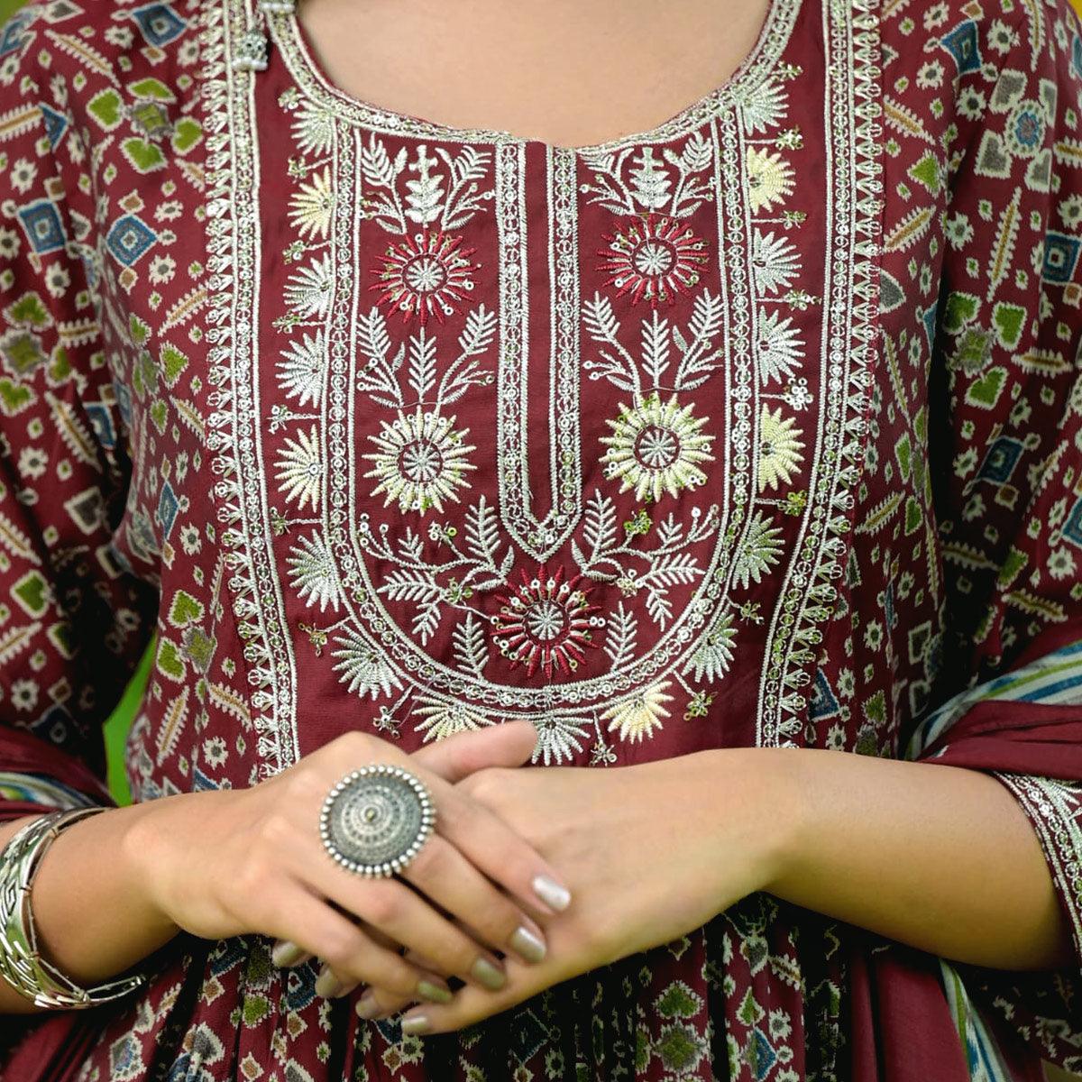 Maroon Printed-Embroidered Muslin Anarkali Suit