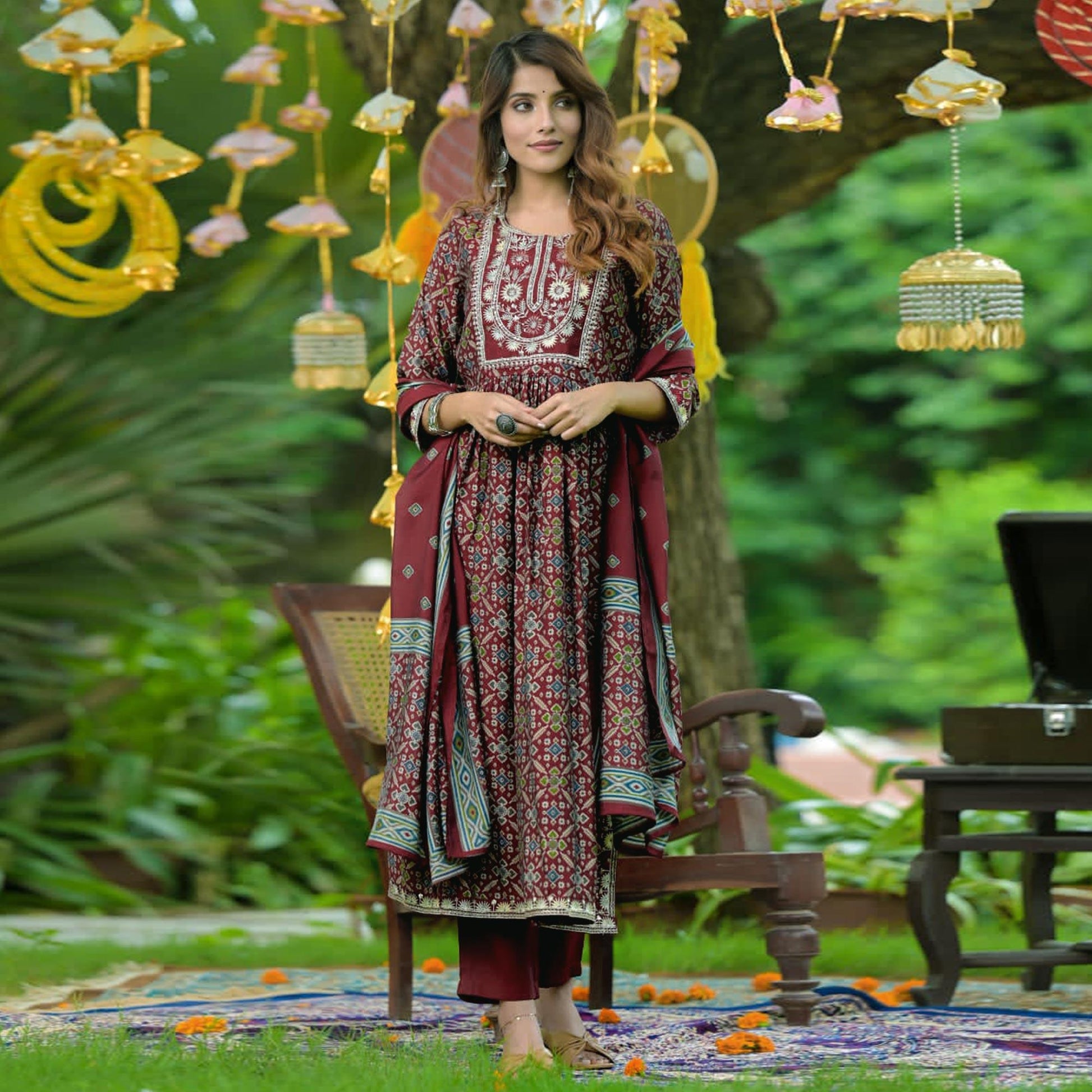 Maroon Printed-Embroidered Muslin Anarkali Suit