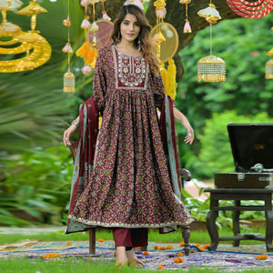 Maroon Printed-Embroidered Muslin Anarkali Suit