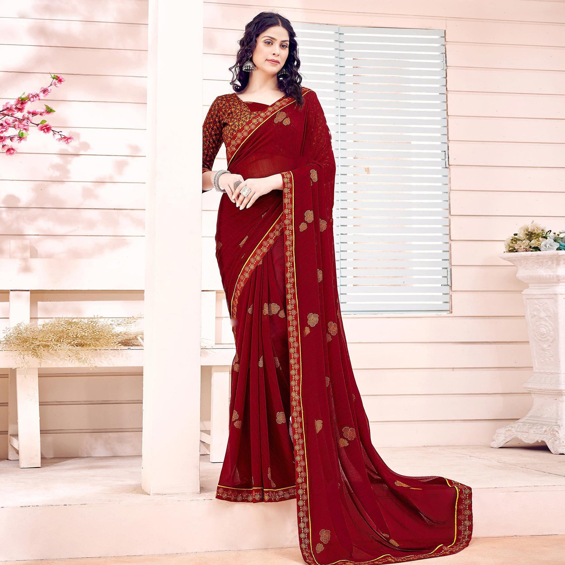 Maroon Printed Georgette Saree