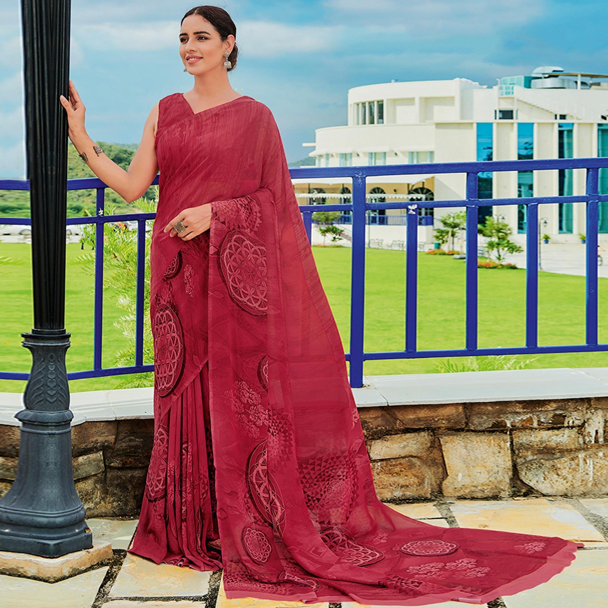 Maroon Printed Georgette Saree