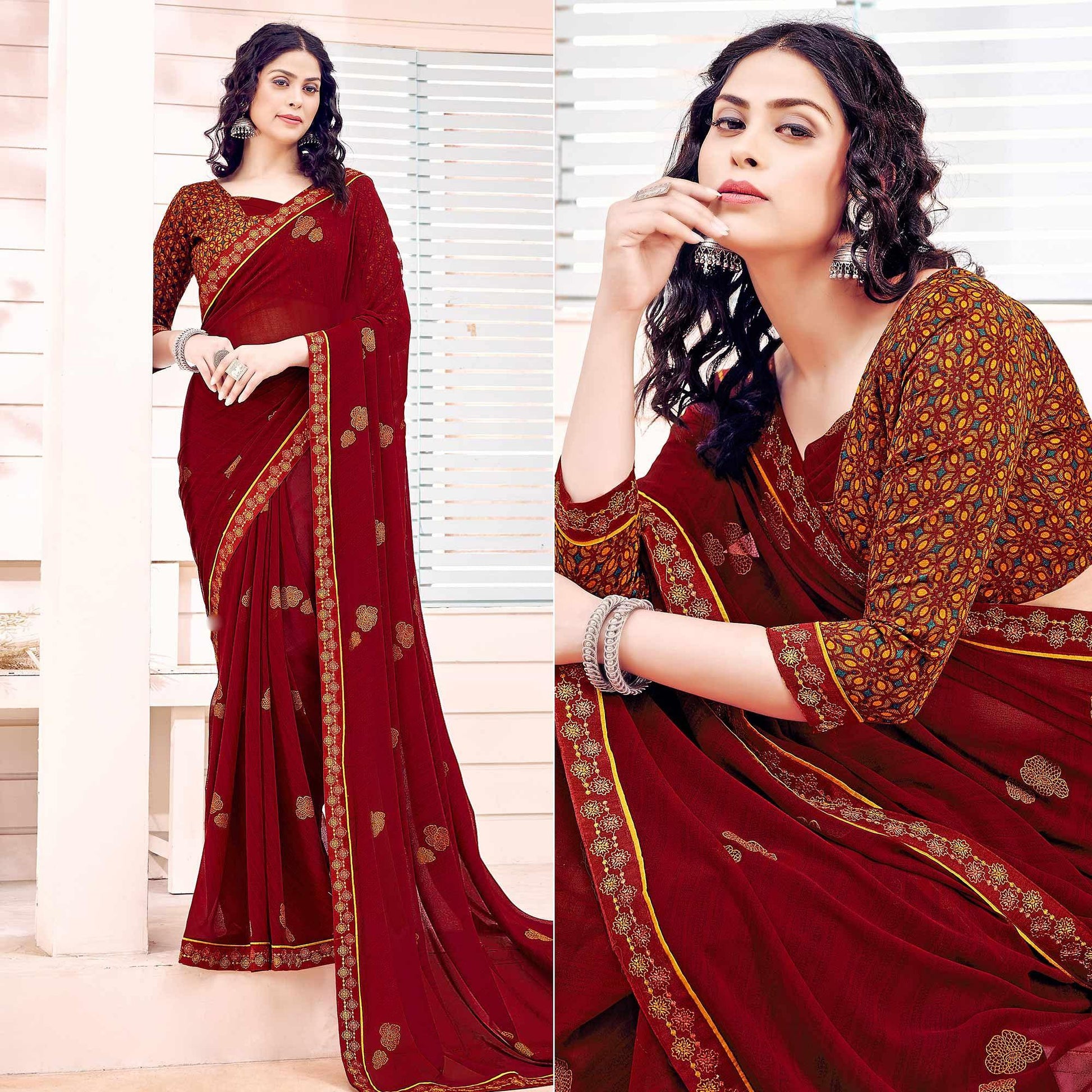 Maroon Printed Georgette Saree