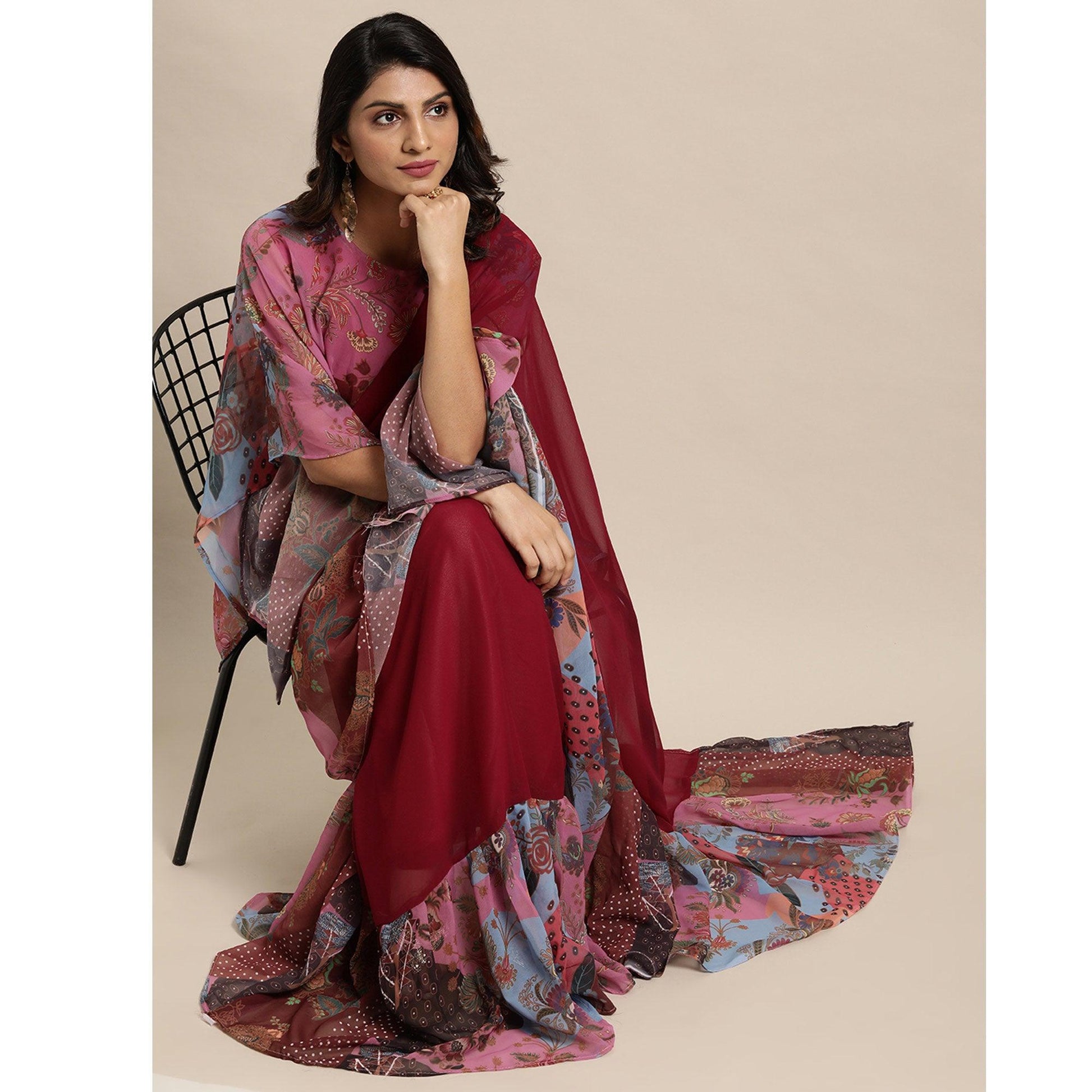 Maroon Printed Georgette Saree