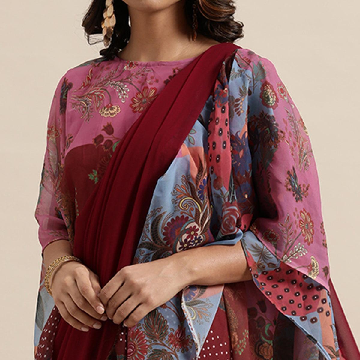 Maroon Printed Georgette Saree
