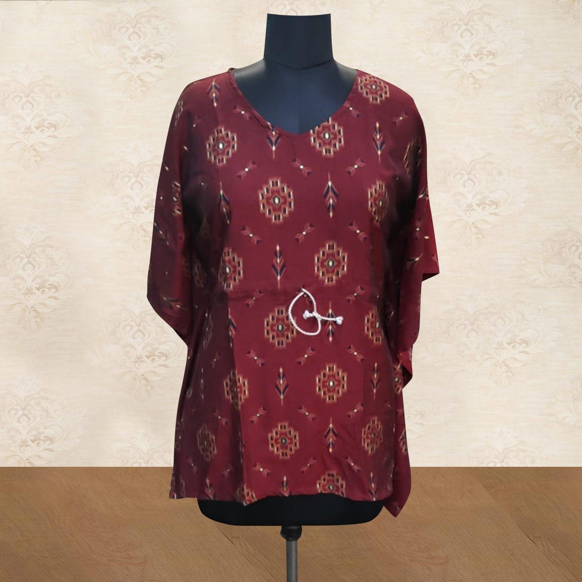 Maroon Printed Muslin Kaftan Style Top