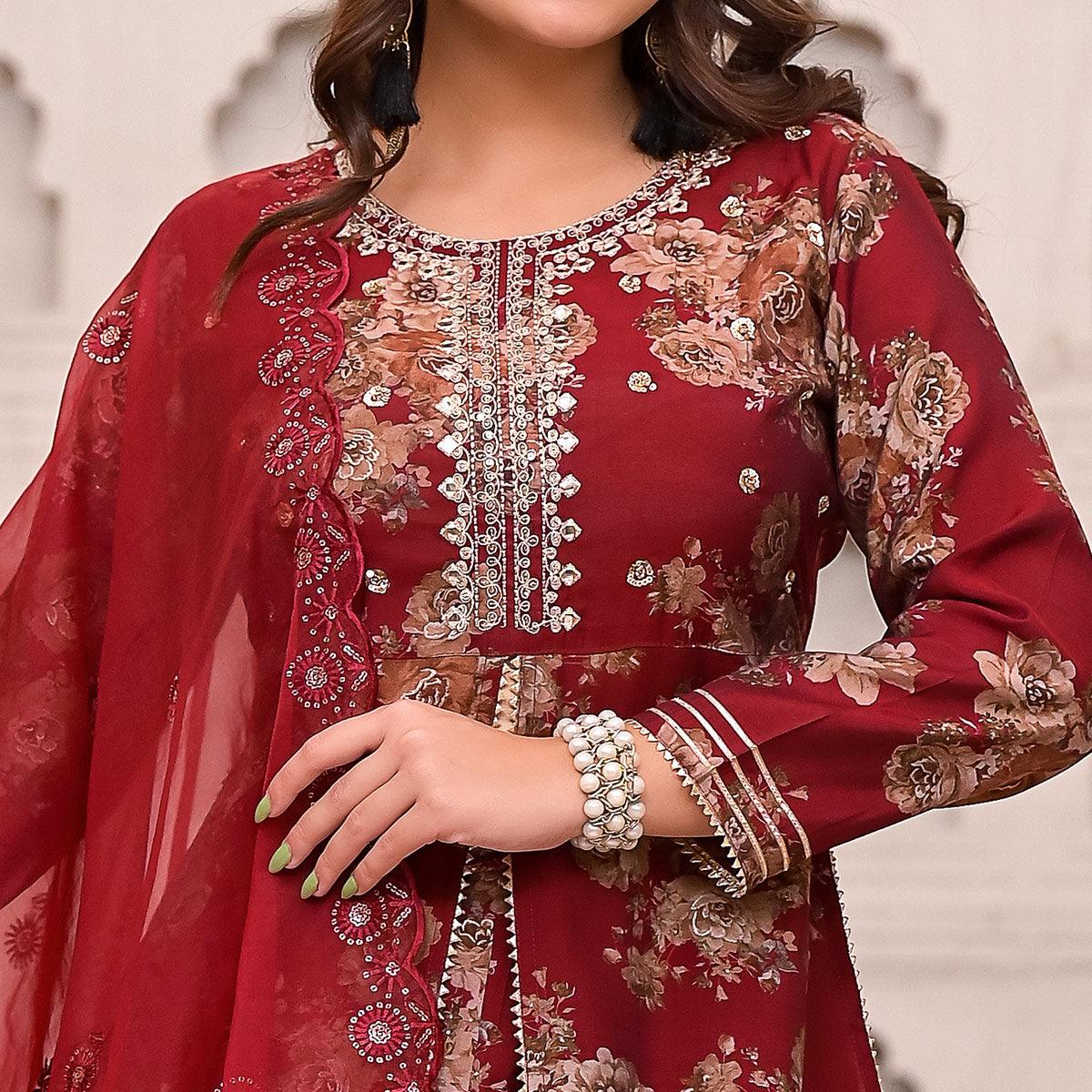 Maroon Printed Muslin Sharara Suit