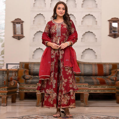 Maroon Printed Muslin Sharara Suit