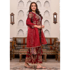 Maroon Printed Muslin Sharara Suit