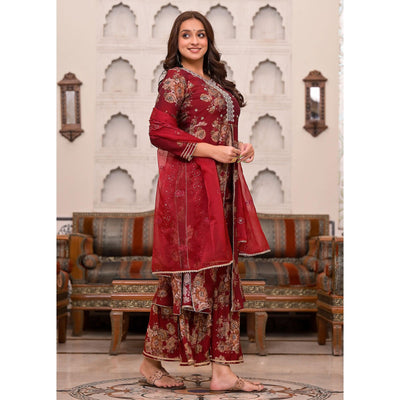 Maroon Printed Muslin Sharara Suit