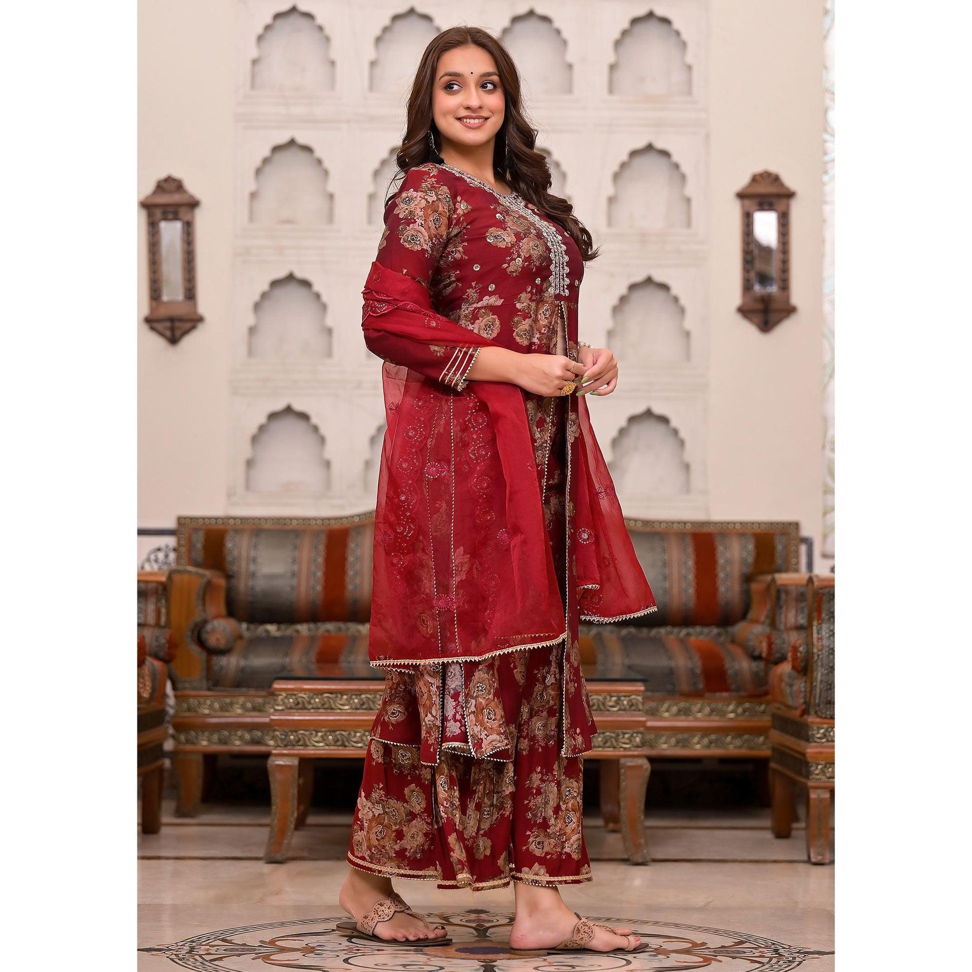Maroon Printed Muslin Sharara Suit