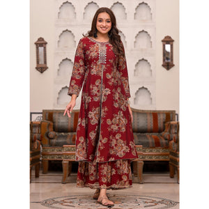 Maroon Printed Muslin Sharara Suit